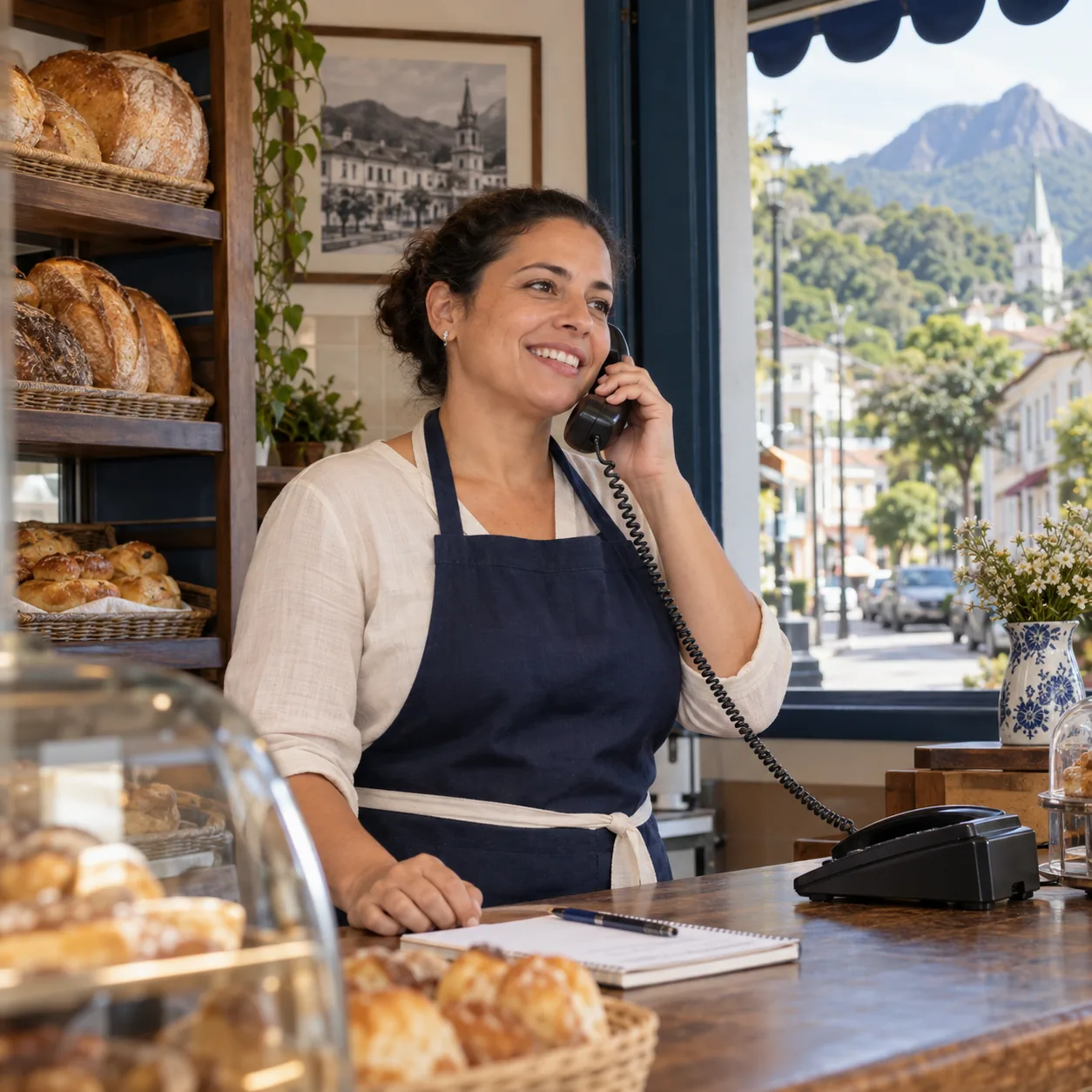 Comerciante atendendo uma ligação em telefone fixo de mesa. Cena ilustrativa gerada por IA.